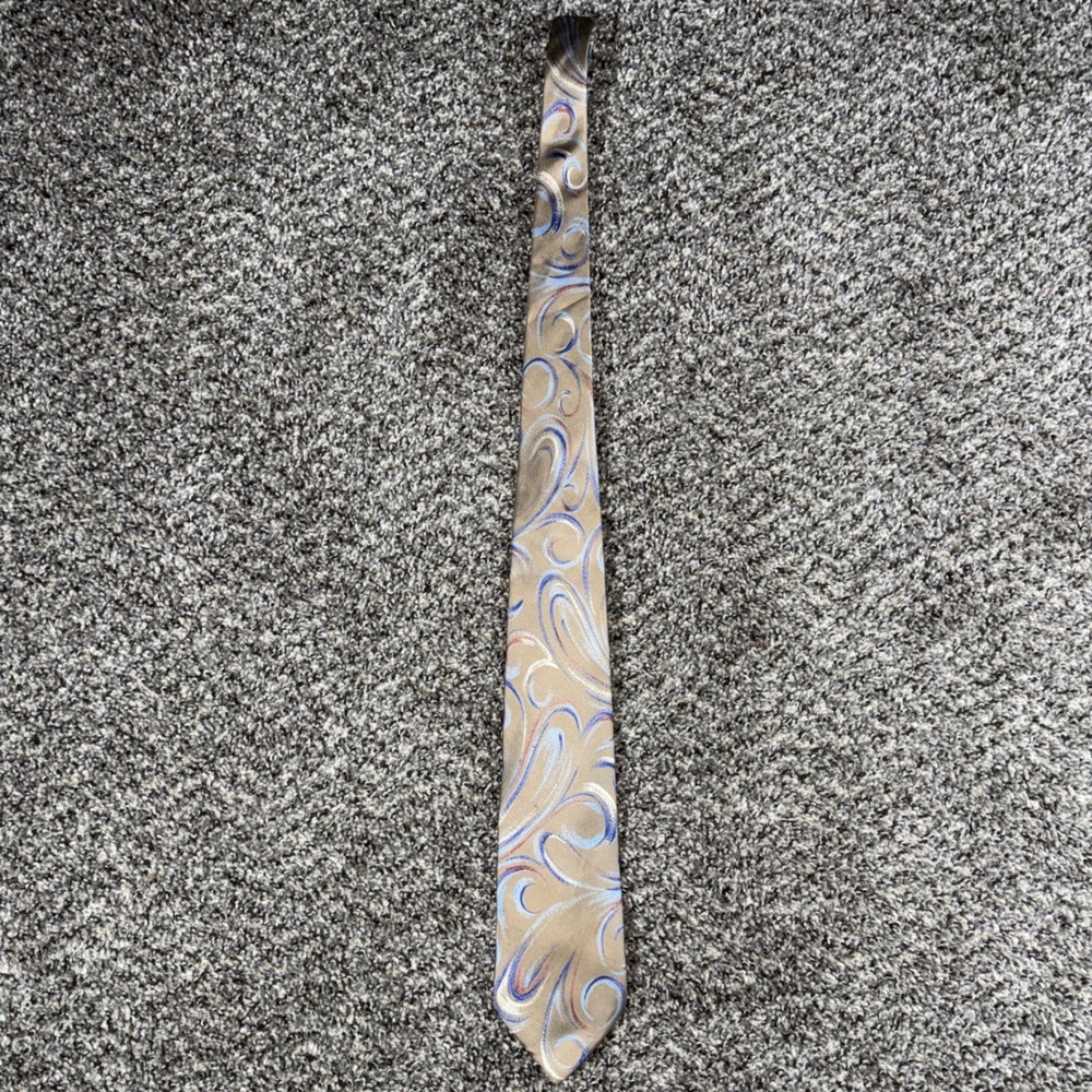 Vintage Paco Rabanne Paris Silk Tie Mens Tan Blue Swirl Paisley‎ Handmade Italy